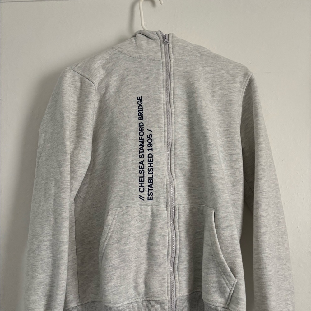 Gray Zip-Up Hoodie with Chelsea Stanford Bridge Print - Picture 1 of 4